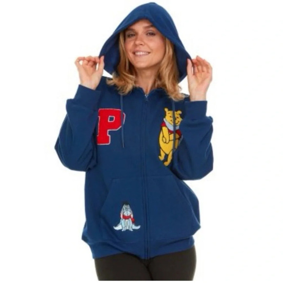 Disney Winnie the Pooh varsity patch zip up hoodie navy piglet Eeyore size L - Picture 1 of 10